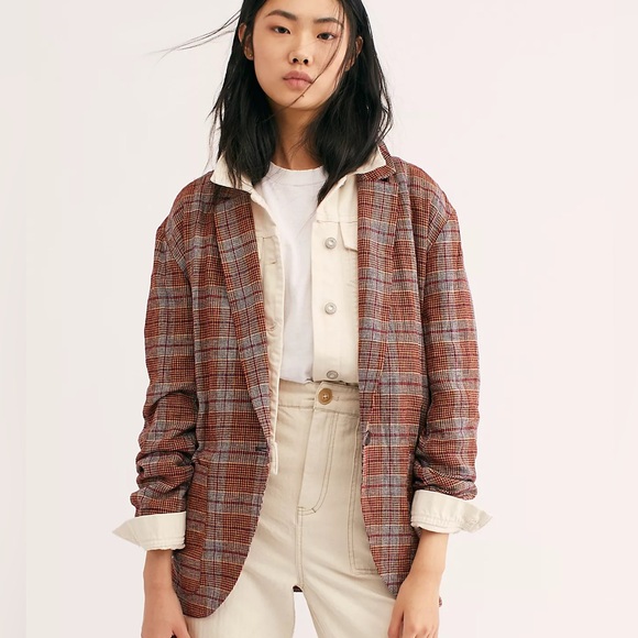 Free People Jackets & Blazers - Free People Linen Blend Slouchy Simply Plaid Blazer Size Medium